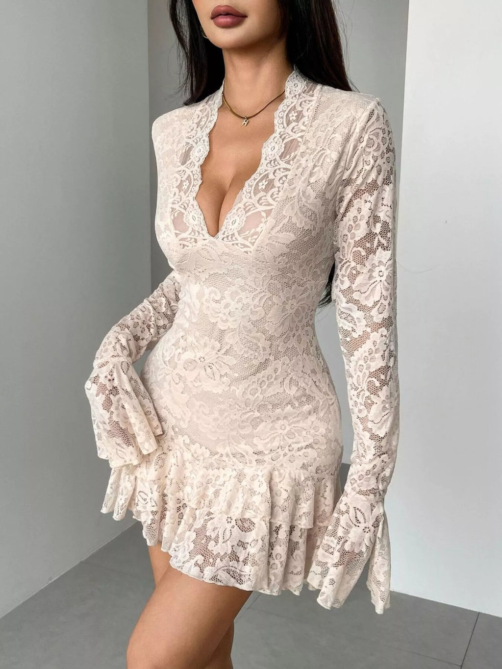 Pretty Toxic Lace Ruffle Hem Mini Dress — front view