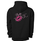 Black hoodie with oversized fit, bold pink lips graphic, and 'Pretty TOXIC' text on back, embroidered logo on front.
