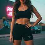 Pretty Toxic Psycho Bitch Yoga Shorts, styled on a model