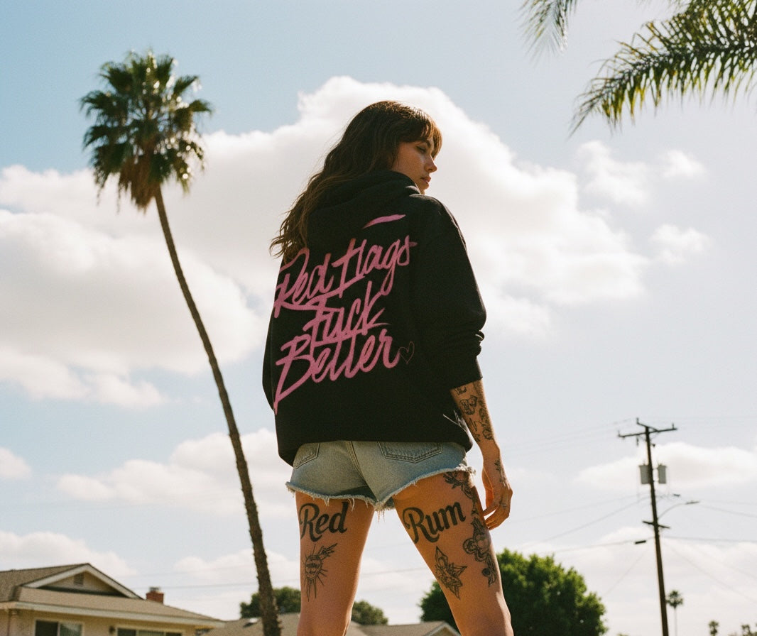 Pretty Toxic Red Flags Hoodie, detail of the print
