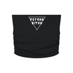Black cropped tube top with 'PSYCHO BITCH' text in a triangular design, featuring gathered texture for bold style.