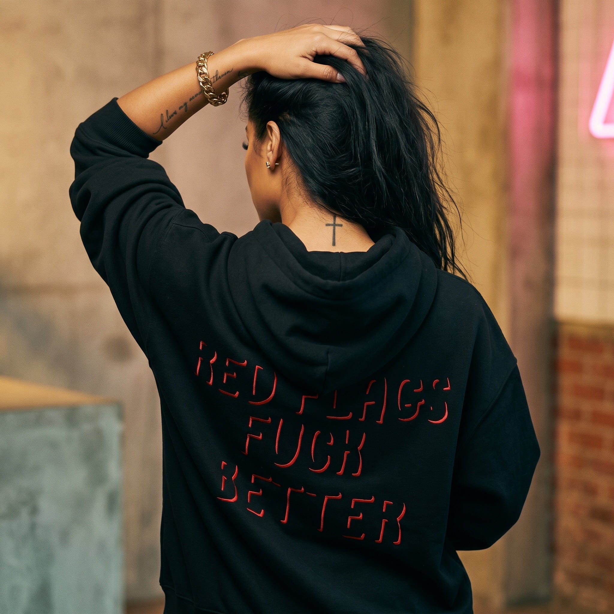 Pretty Toxic Red Flags F*ck Better (Red) Zip Hoodie, styled on a model
