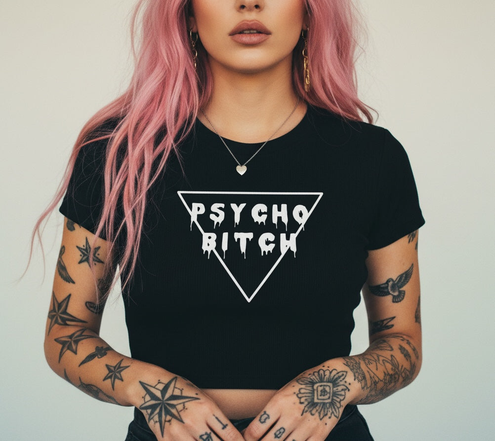 Pretty Toxic Psycho B*tch Crop Top in black — front view