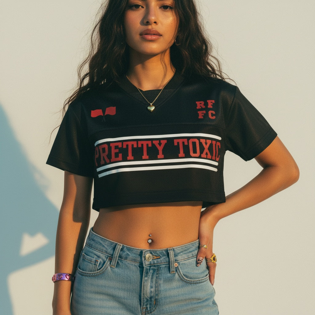 Pretty Toxic Red Flag Fan Club V-Neck Jersey, styled on a model