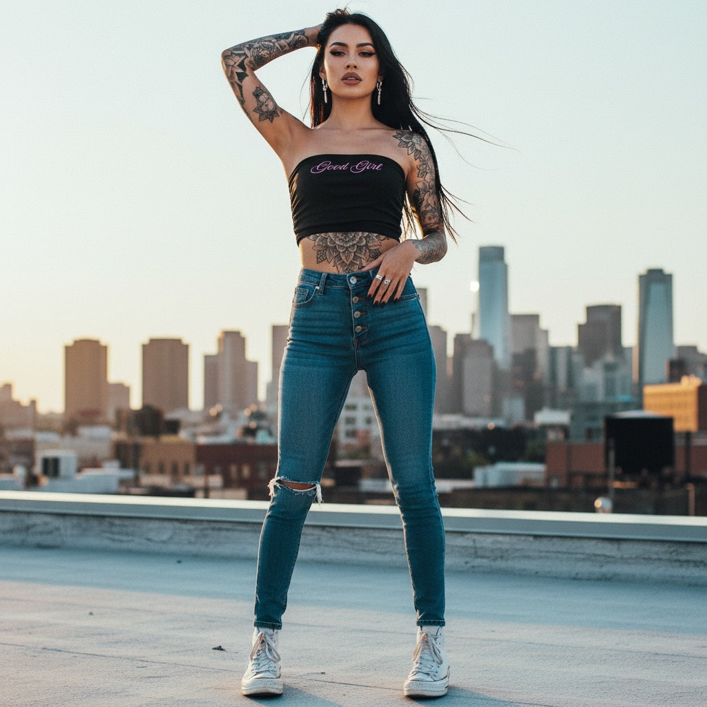 Pretty Toxic Good Girl Tube Top, styled on a model
