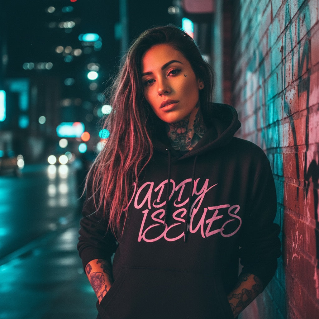 Pretty Toxic Daddy Issues Hoodie, styled on a model