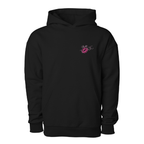 Black hoodie with embroidered design, kangaroo pocket, and oversized fit for bold fashion statements.