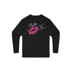 Black long sleeve shirt with oversized fit, featuring 'Pretty Toxic' graphic and pink lip print on back.