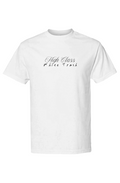 White cotton t-shirt featuring a graphic text design with a casual font, embodying the White Trash aesthetic.