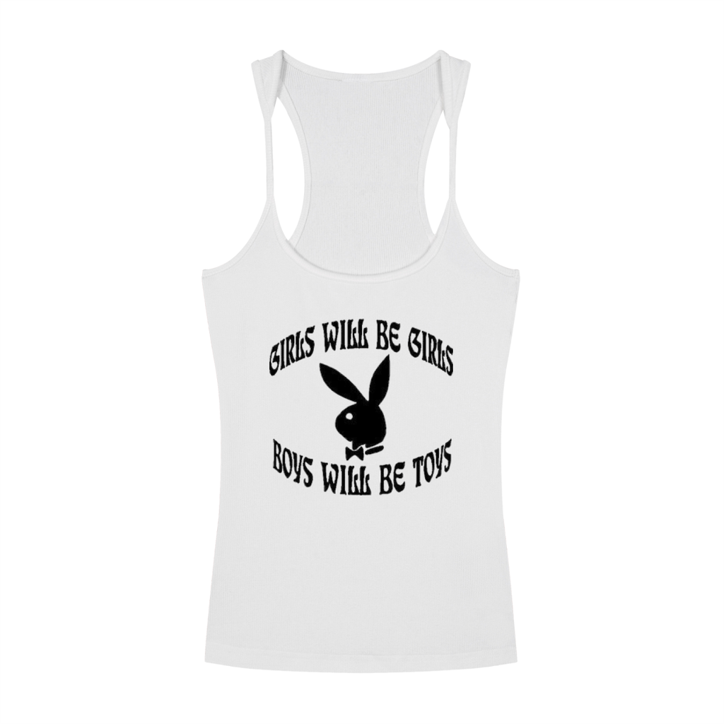 White tank top with black text 'Boys Will Be Boys' and a bunny graphic, featuring thin shoulder straps and a fitted design.