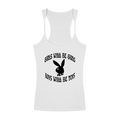 White tank top with black text 'Boys Will Be Boys' and a bunny graphic, featuring thin shoulder straps and a fitted design.