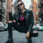 A fitted black baby tee with a bold 'Pretty Toxic' graphic, worn by a model in a leather jacket and ripped jeans.