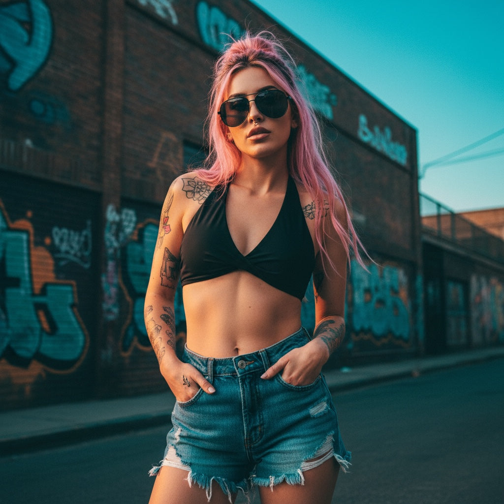 Pretty Toxic Baby Pleated Halter Sports Bra, graphic close-up