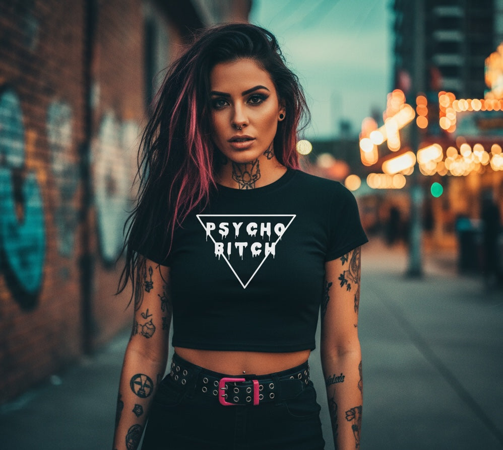Pretty Toxic Psycho B*tch Crop Top, graphic close-up