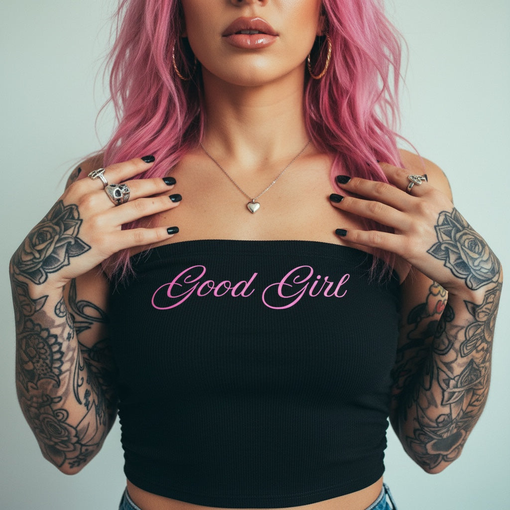 Pretty Toxic Good Girl Tube Top, graphic close-up