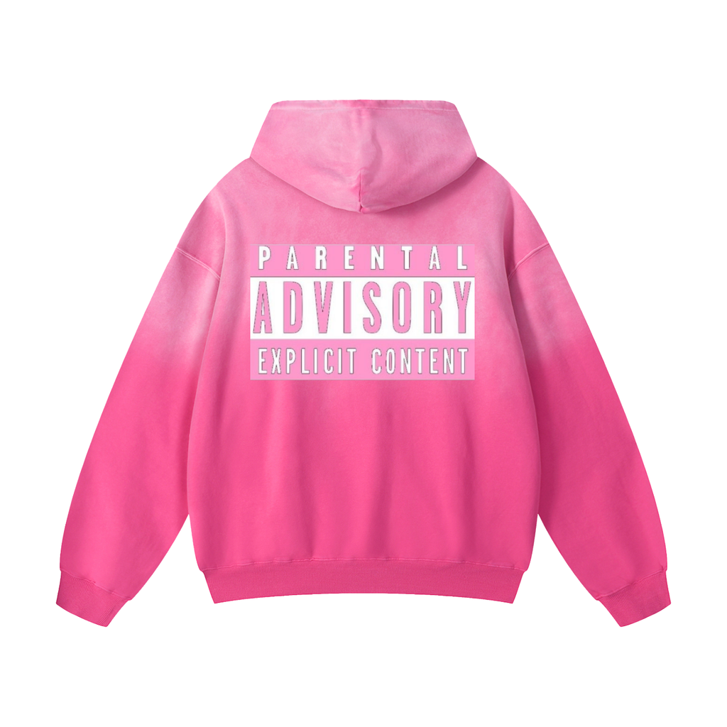 Parental Advisory oversized hoodie in gradient pink with 'EXPLICIT CONTENT' graphic on back, perfect for bold statements.