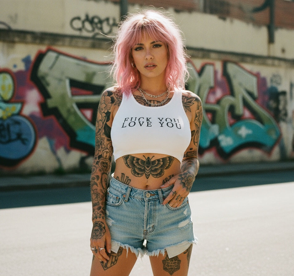 Cropped tank with bold 'F*CK YOU LOVE YOU' text, worn by a tattooed lass in denim shorts against graffiti backdrop.