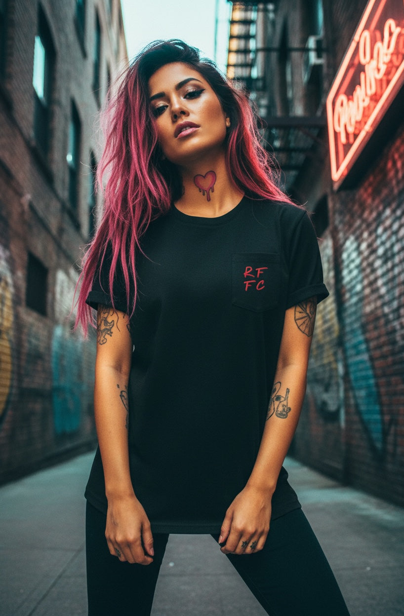 Pretty Toxic Red Flags Fan Club Pocket T Shirt, full outfit shot
