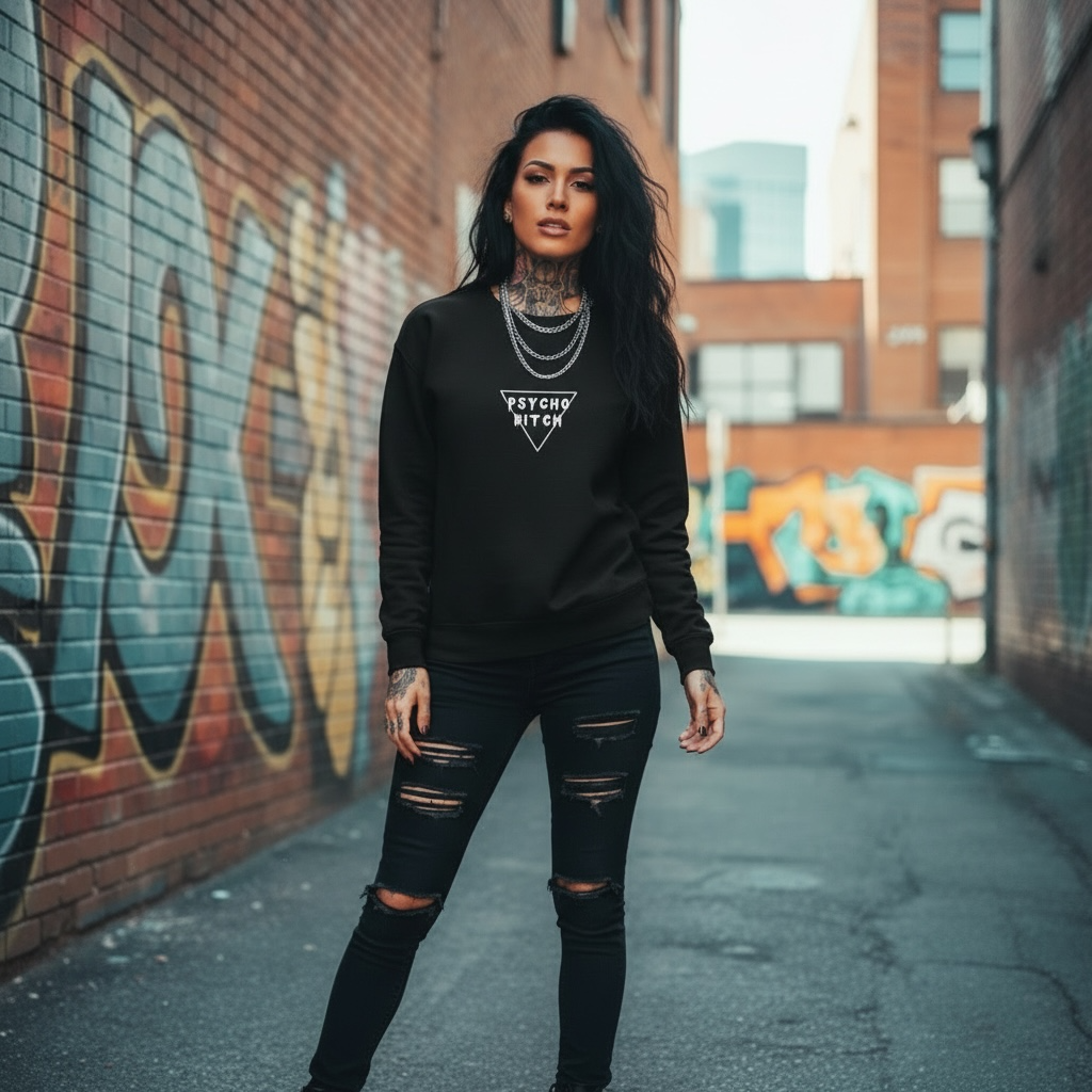 A model be wearin' a black oversized crewneck with bold 'Psycho B*tch' text, set in a graffiti-filled alley.