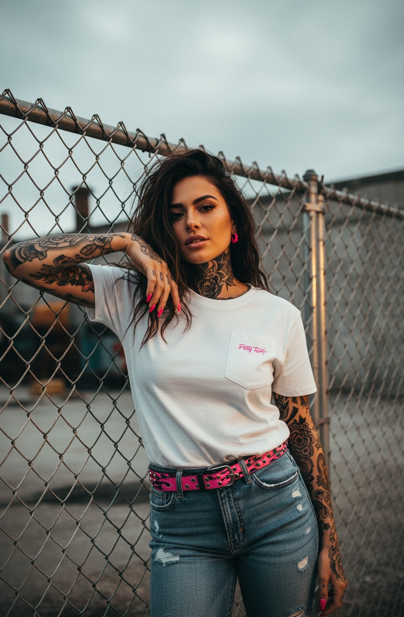 Pretty Toxic Red Flags Pocket T Shirt, styled on a model