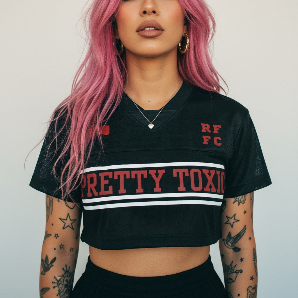 Pretty Toxic Red Flag Fan Club V-Neck Jersey, detail of the print