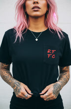 Pretty Toxic Red Flags Fan Club Pocket T Shirt, styled on a model
