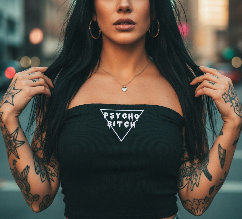 Pretty Toxic Psycho B*tch Cropped Tube Top in black — front view