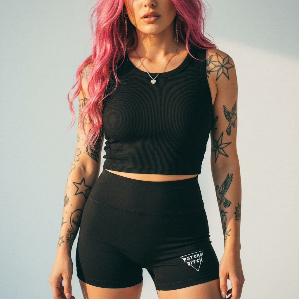 Pretty Toxic Psycho Bitch Yoga Shorts in black — front view