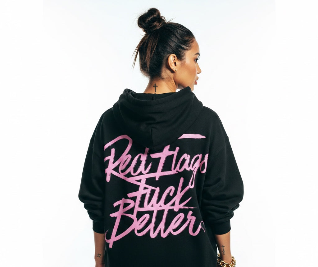 Pretty Toxic Red Flags Hoodie, full outfit shot