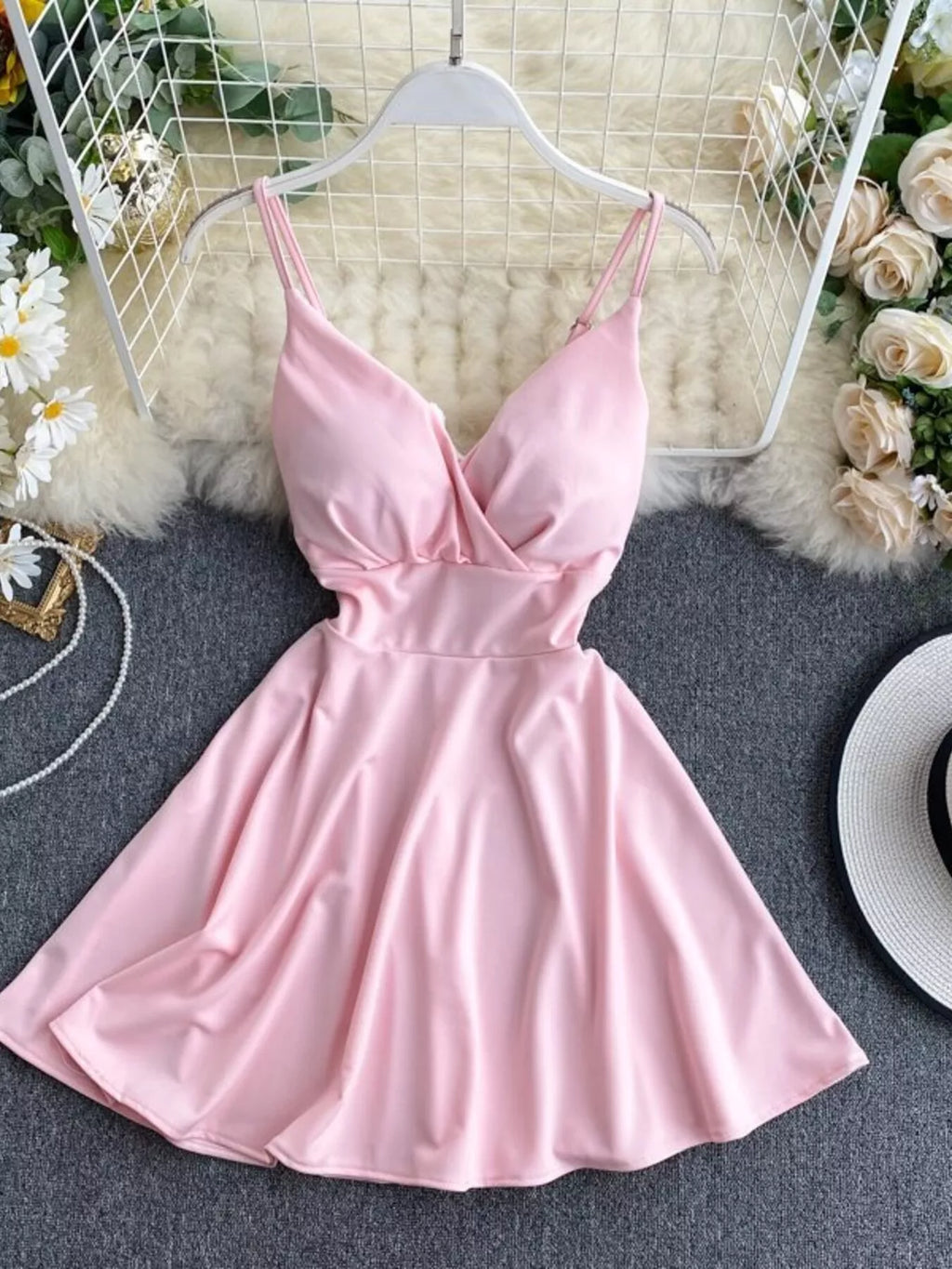 Pretty Toxic Spaghetti Strap Mini Dress, styled on a model