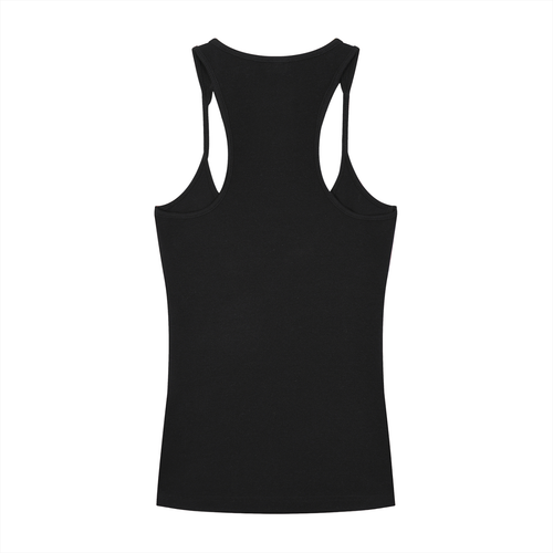 A black racerback tank top with a sleek cut, perfect for the bold and daring lass.