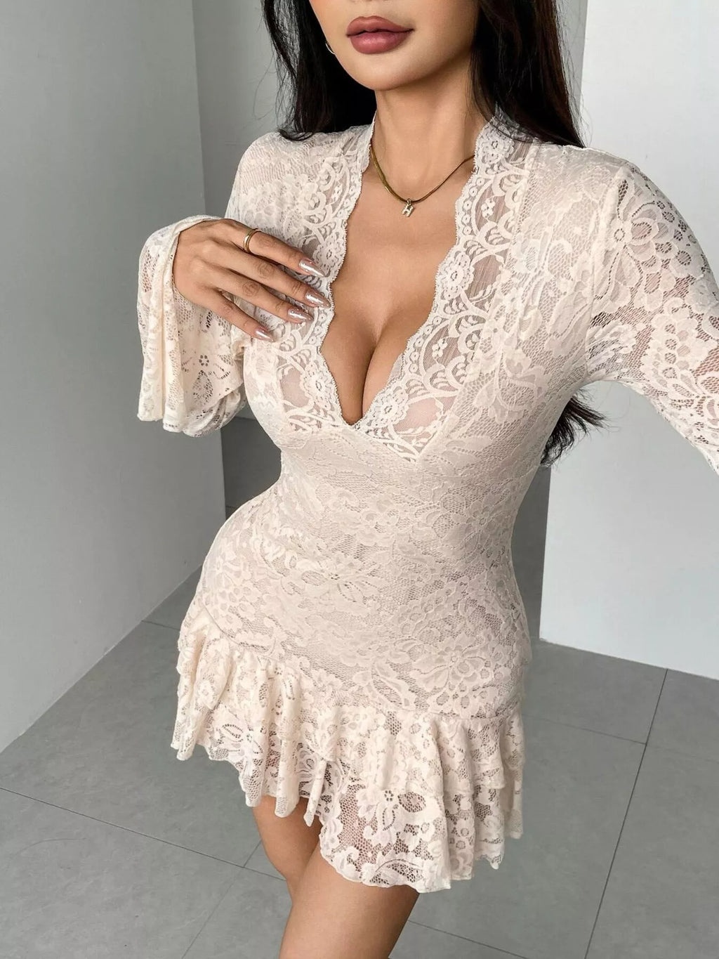 Pretty Toxic Lace Ruffle Hem Mini Dress, side view