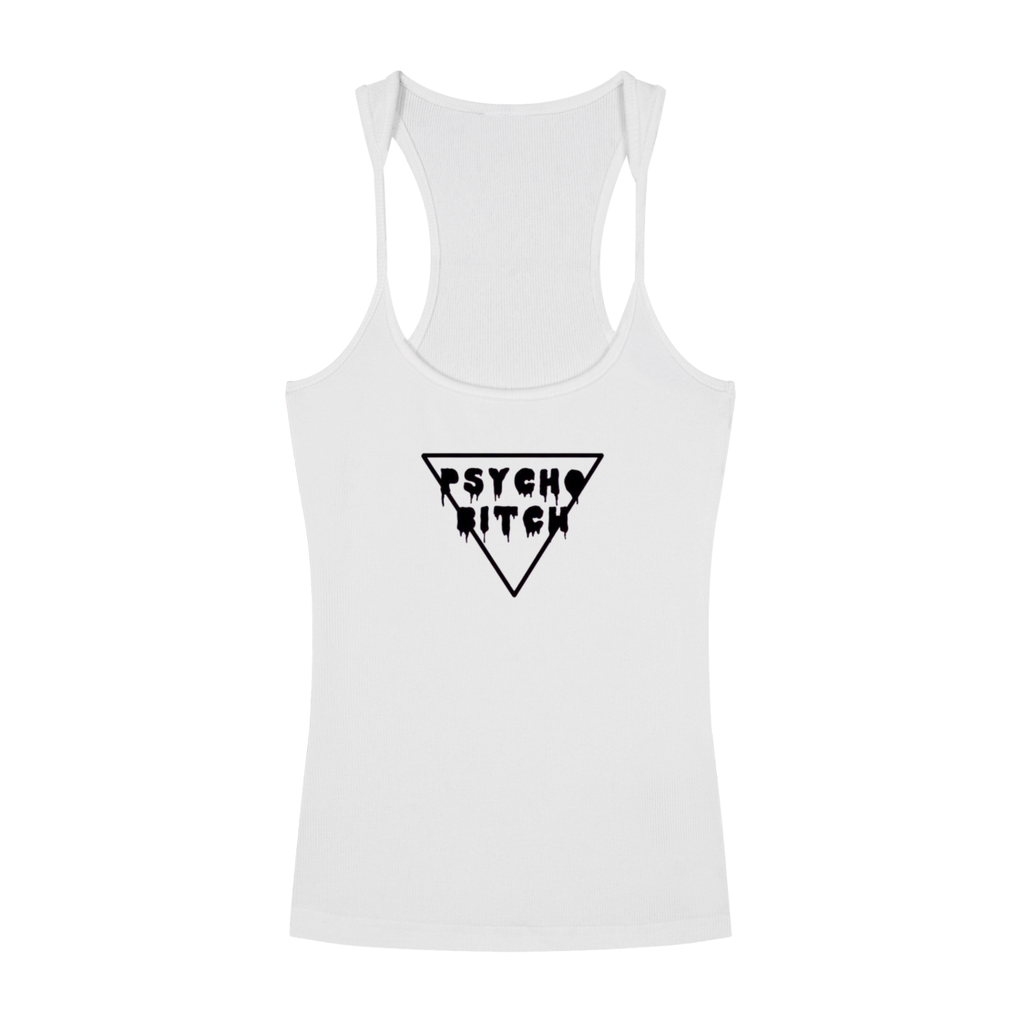 Psycho Bitch tank top in white with bold black 'PSYCHO BITCH' graphic, sleeveless and fitted for a fierce look.