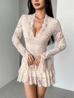 Pretty Toxic Lace Ruffle Hem Mini Dress, styled on a model