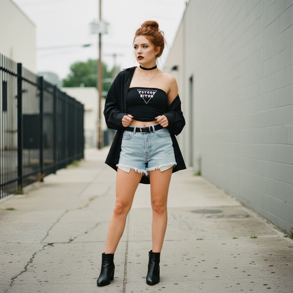 A model flaunts the Psycho B*tch Cropped Tube Top, styled with high-waisted shorts and boots, exuding bold confidence.