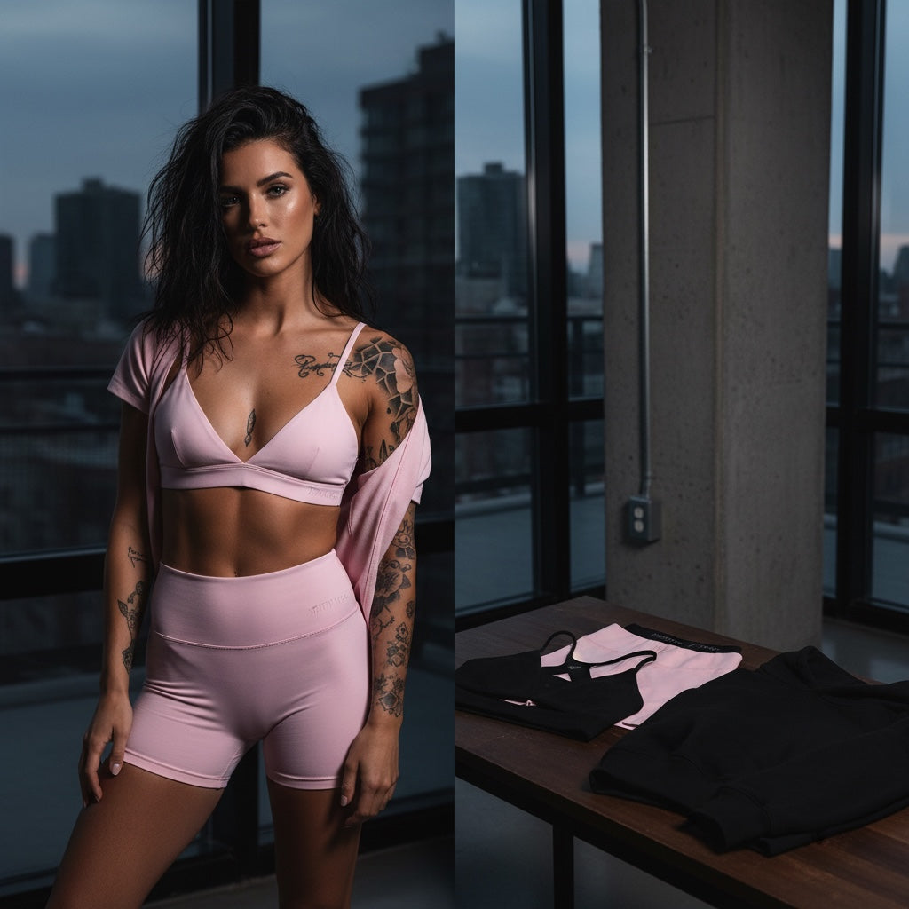 Cropped V-neck sports bra in pink, worn by a model with matching shorts, set against a cityscape backdrop.
