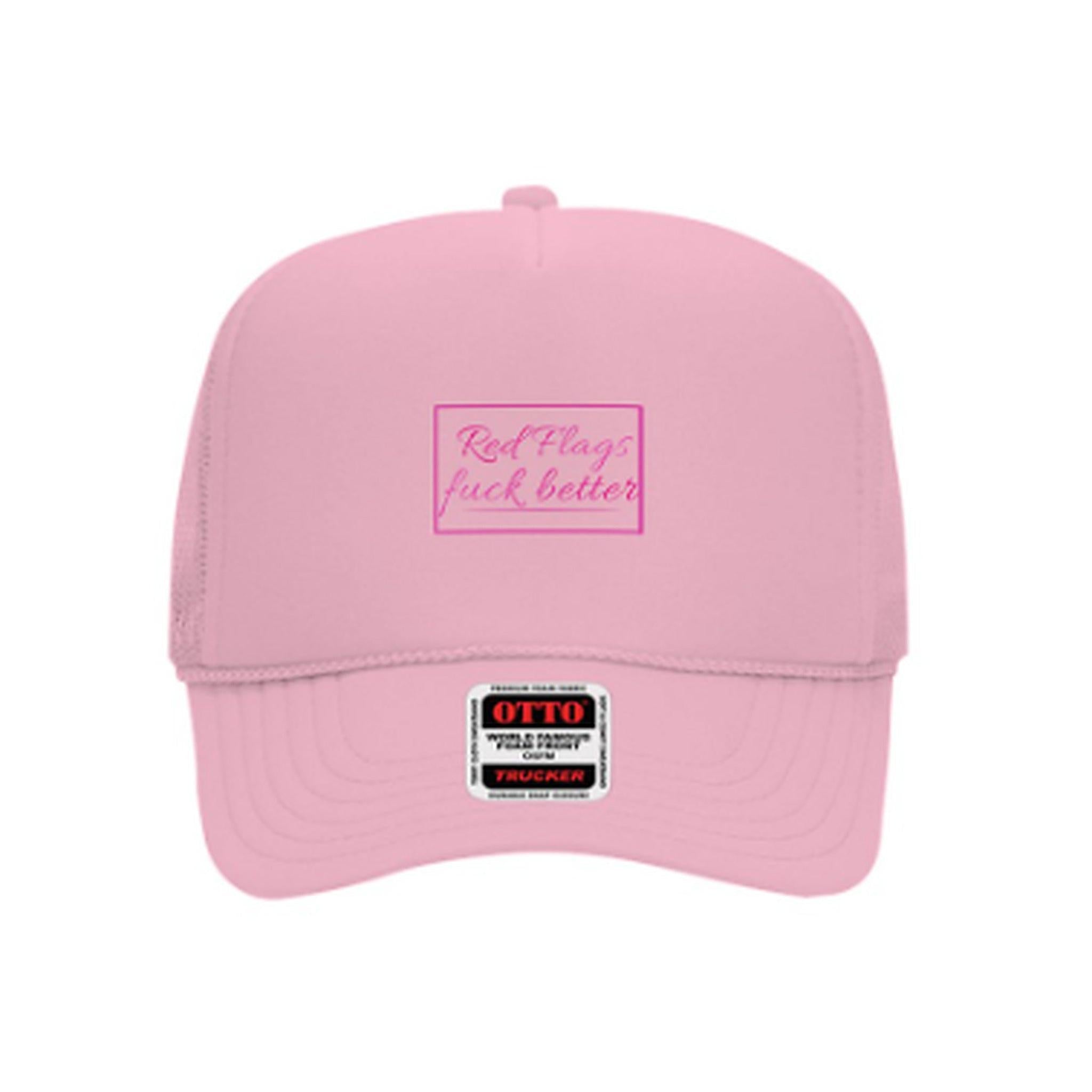 Pretty Toxic Red Flags F*ck Better Trucker Hat in black — front view