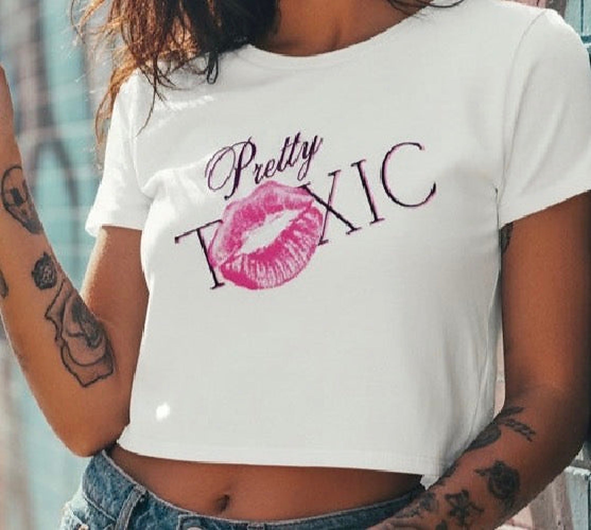Pretty Toxic Cropped Baby Tee, graphic close-up