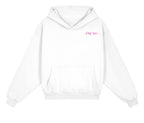 Front view of a white Red Flags hoodie with a small pink Pretty Toxic logo on the chest