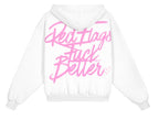 Back view of a white Red Flags Fuck Better hoodie with pink handwritten script across the back
